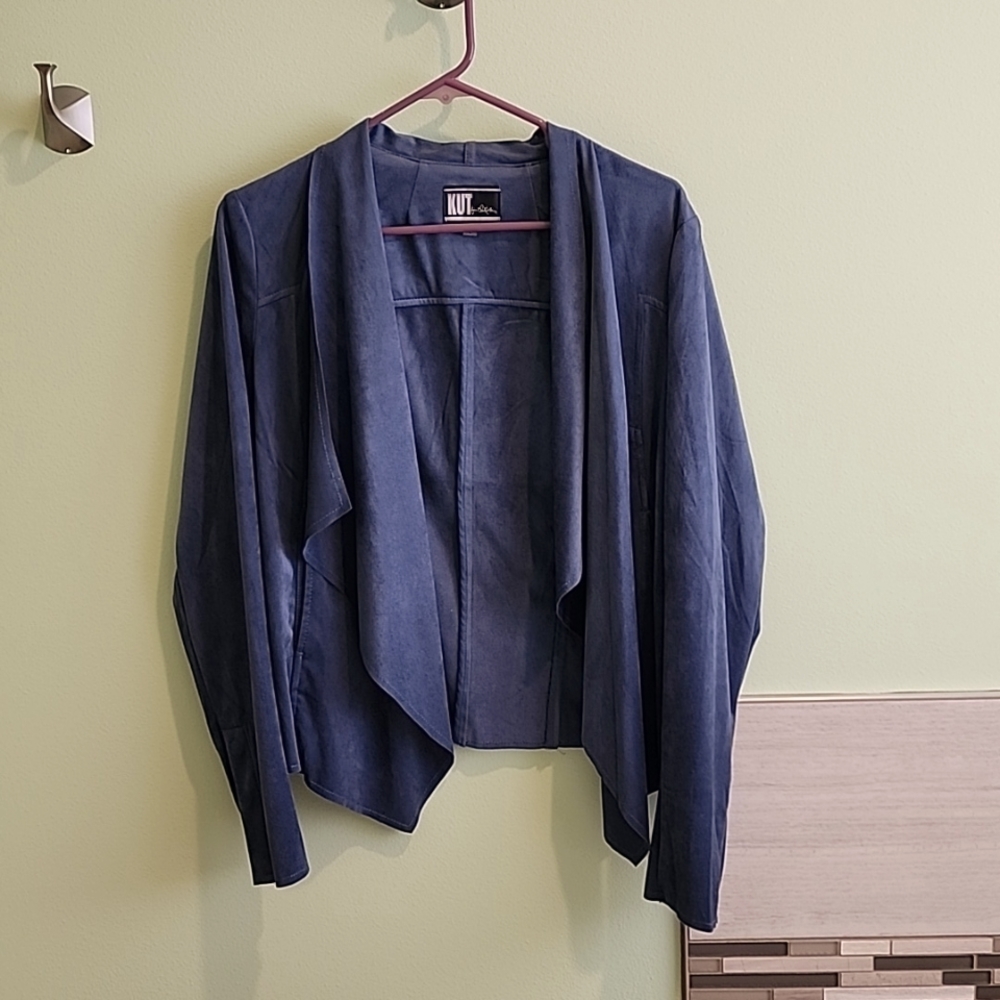 🌟LIKE NEW🌟KUT from the Kloth Faux Suede Draped Open Lightweight Blazer Blue LG